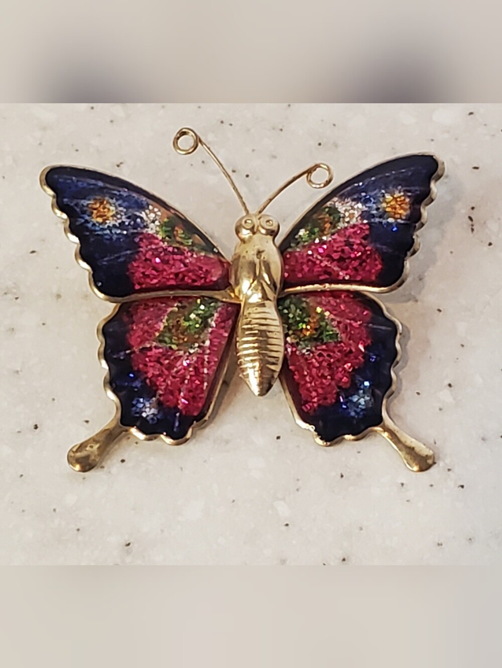 Vintage Interpur Taiwan Butterfly Brooch Pin Glitter Enamel Gold Tone Colorful